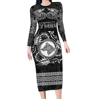 Personalized Merionethshire Meirionnydd Family Matching Long Sleeve Bodycon Dress and Hawaiian Shirt Black Wolf Celtic-inspired - Wonder Print Shop