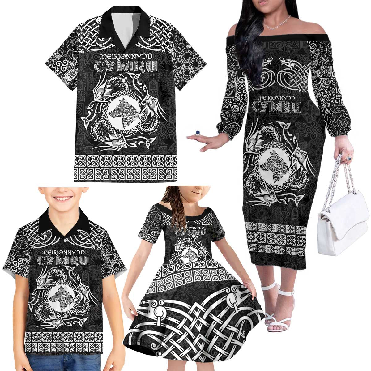 Personalized Merionethshire Meirionnydd Family Matching Off The Shoulder Long Sleeve Dress and Hawaiian Shirt Black Wolf Celtic-inspired - Wonder Print Shop