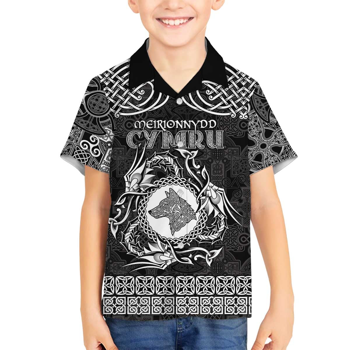 Personalized Merionethshire Meirionnydd Family Matching Off The Shoulder Long Sleeve Dress and Hawaiian Shirt Black Wolf Celtic-inspired - Wonder Print Shop
