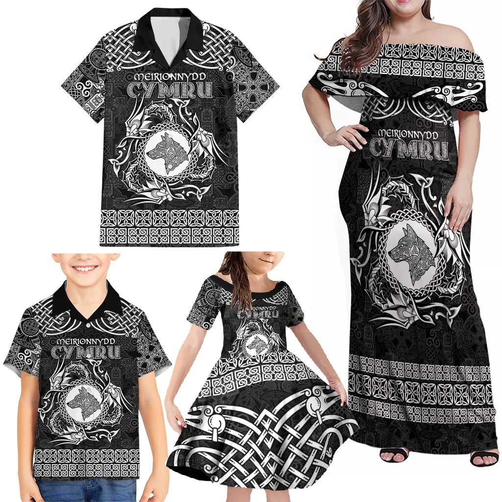 Personalized Merionethshire Meirionnydd Family Matching Off Shoulder Maxi Dress and Hawaiian Shirt Black Wolf Celtic-inspired - Wonder Print Shop
