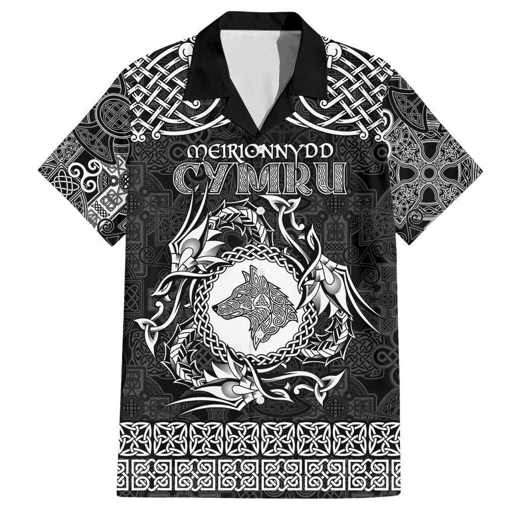 Personalized Merionethshire Meirionnydd Family Matching Off Shoulder Maxi Dress and Hawaiian Shirt Black Wolf Celtic-inspired - Wonder Print Shop