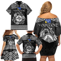 Personalized Merionethshire Meirionnydd Family Matching Off Shoulder Short Dress and Hawaiian Shirt Black Wolf Celtic-inspired - Wonder Print Shop