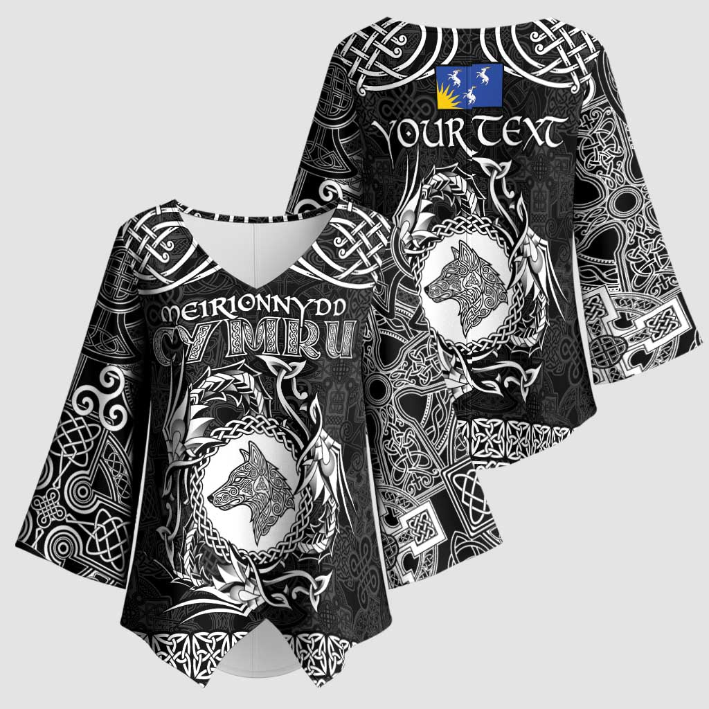 Personalized Merionethshire Meirionnydd Kimono Sleeve Blouse Black Wolf Celtic-inspired - Wonder Print Shop