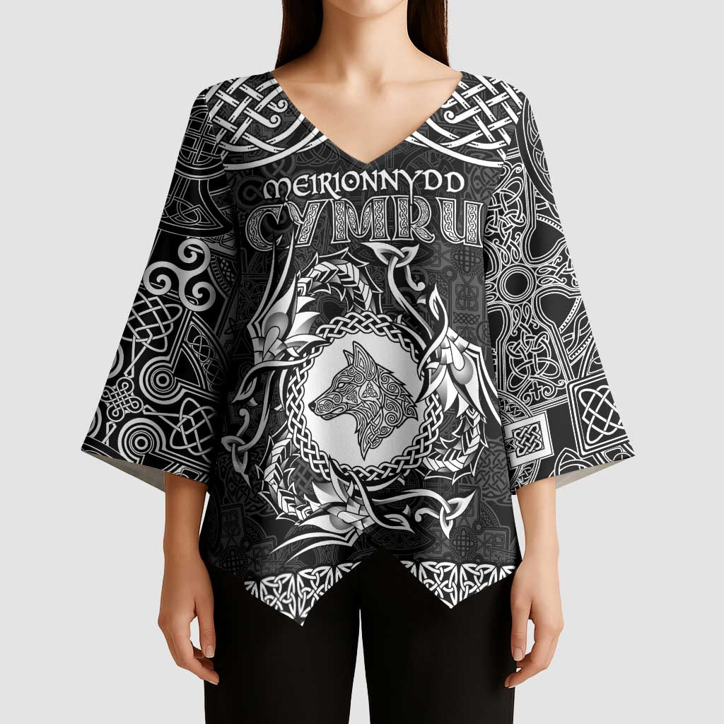 Personalized Merionethshire Meirionnydd Kimono Sleeve Blouse Black Wolf Celtic-inspired - Wonder Print Shop