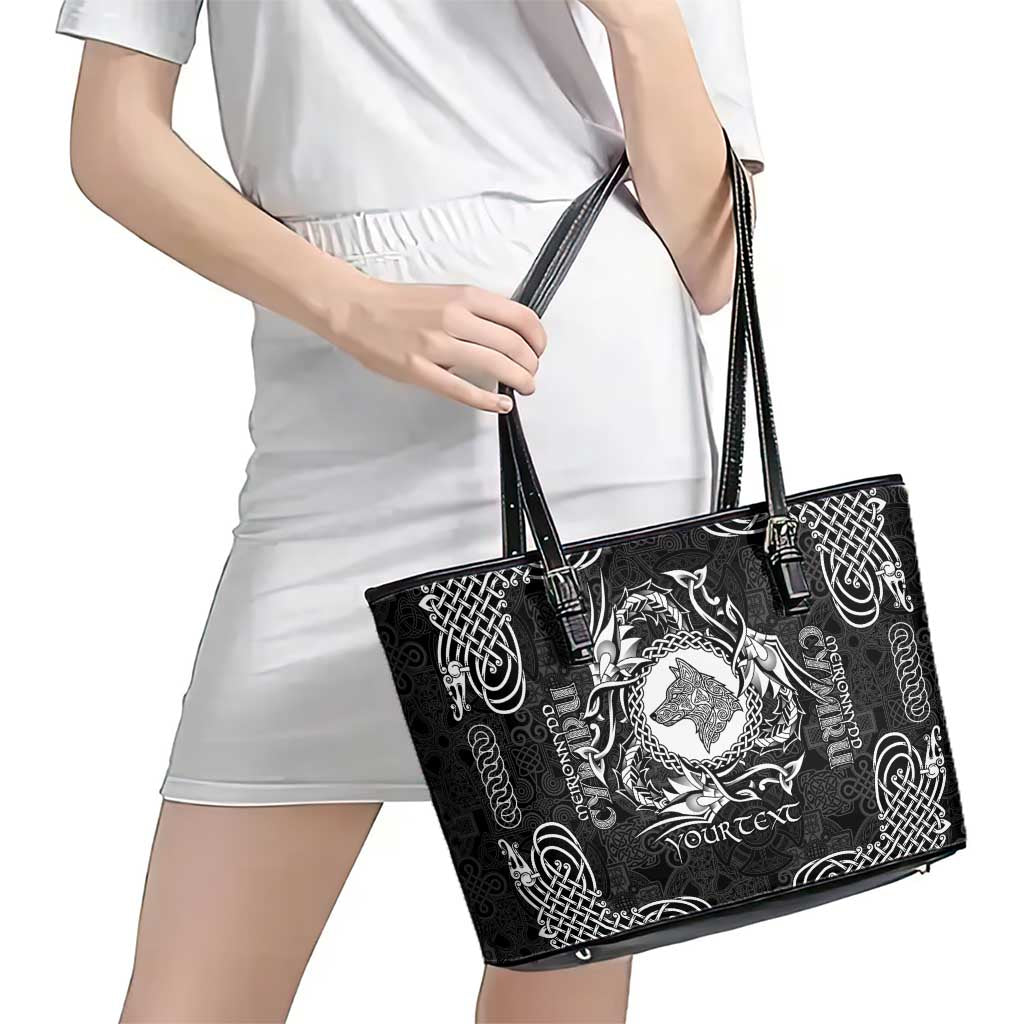 Personalized Merionethshire Meirionnydd Leather Tote Bag Black Wolf Celtic-inspired - Wonder Print Shop