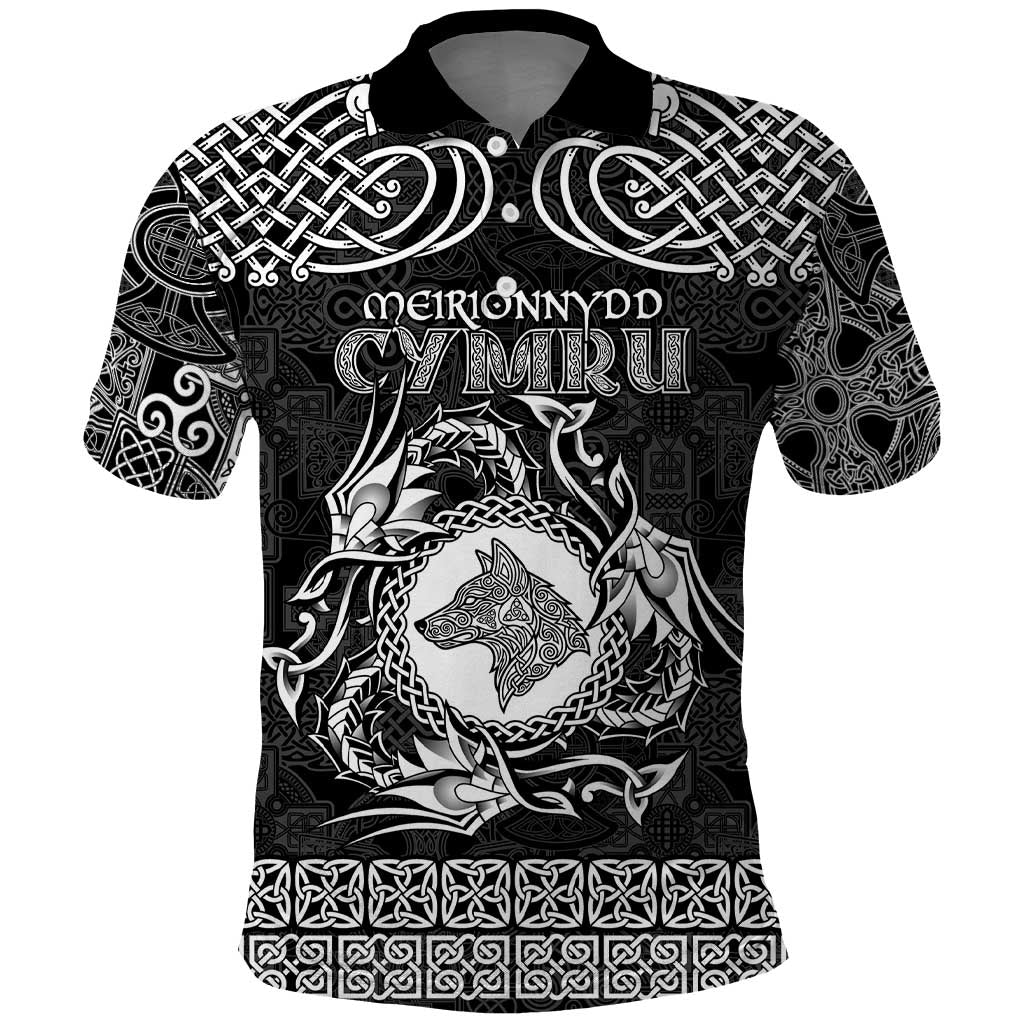 Personalized Merionethshire Meirionnydd Polo Shirt Black Wolf Celtic-inspired - Wonder Print Shop