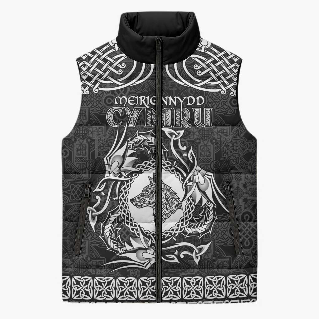 Personalized Merionethshire Meirionnydd Sleeveless Puffer Jacket Black Wolf Celtic-inspired - Wonder Print Shop