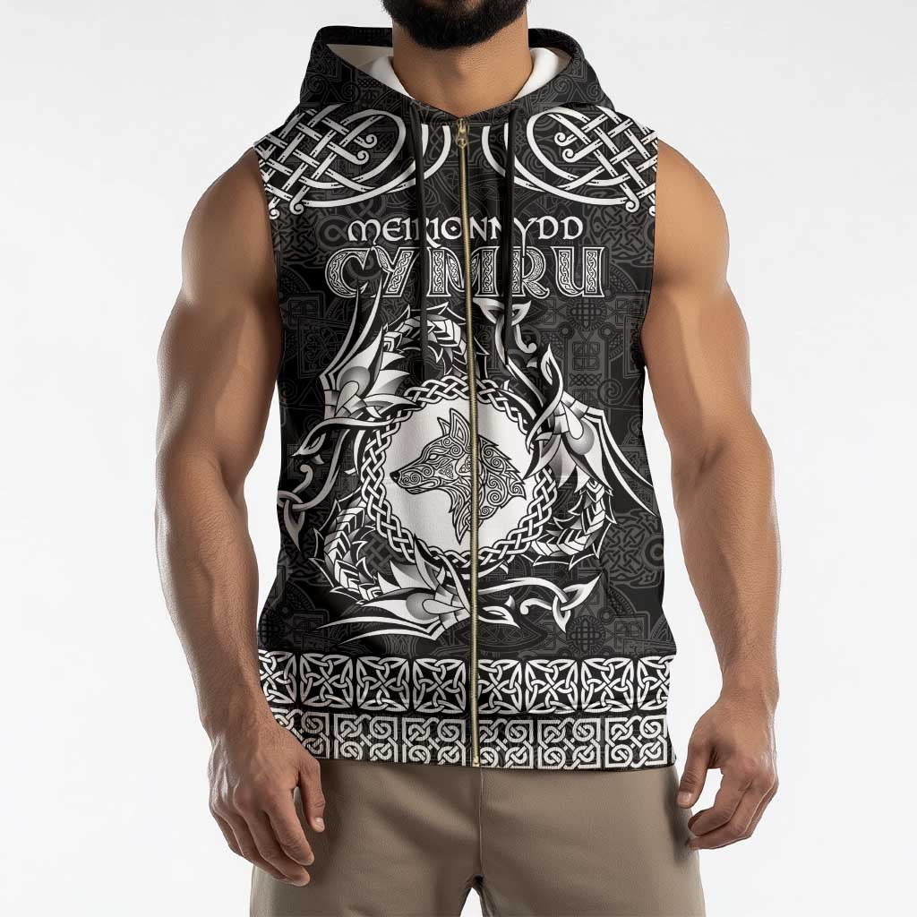 Personalized Merionethshire Meirionnydd Sleeveless Zip Hoodie Black Wolf Celtic-inspired - Wonder Print Shop