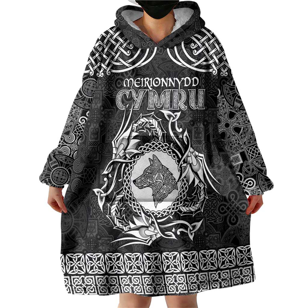 Personalized Merionethshire Meirionnydd Wearable Blanket Hoodie Black Wolf Celtic-inspired - Wonder Print Shop