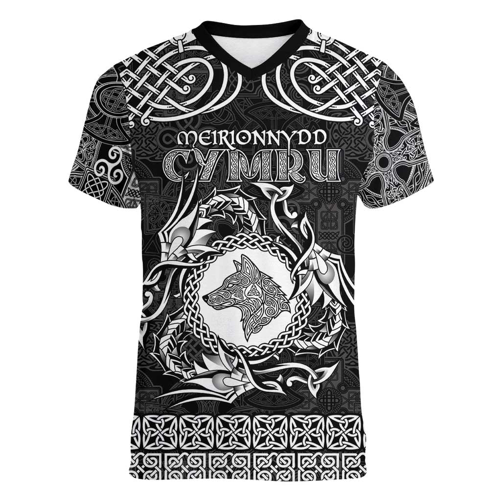 Personalized Merionethshire Meirionnydd Women V-Neck T-Shirt Black Wolf Celtic-inspired - Wonder Print Shop