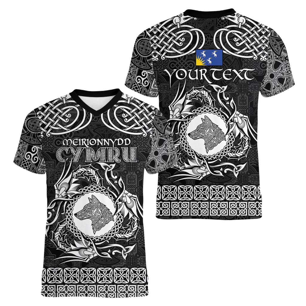 Personalized Merionethshire Meirionnydd Women V-Neck T-Shirt Black Wolf Celtic-inspired - Wonder Print Shop