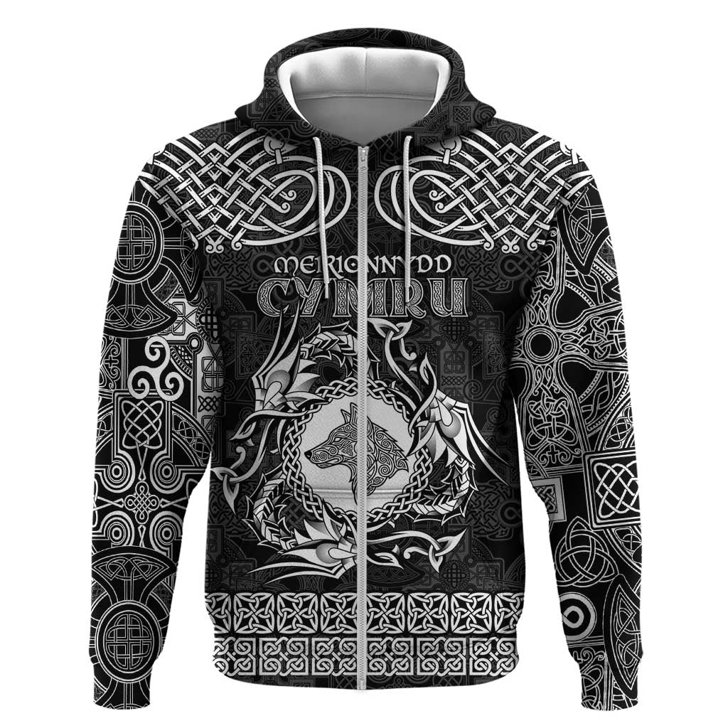 Personalized Merionethshire Meirionnydd Zip Hoodie Black Wolf Celtic-inspired - Wonder Print Shop