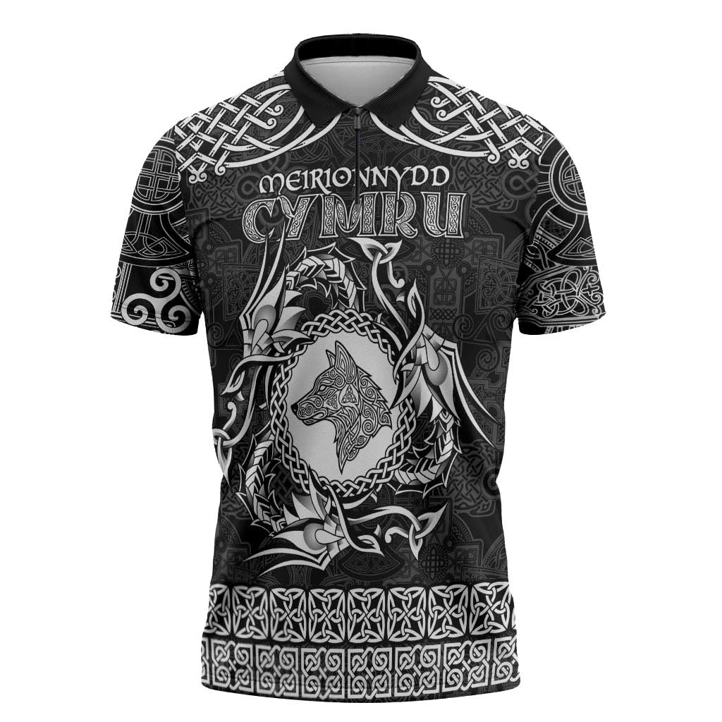 Personalized Merionethshire Meirionnydd Zipper Polo Shirt Black Wolf Celtic-inspired - Wonder Print Shop