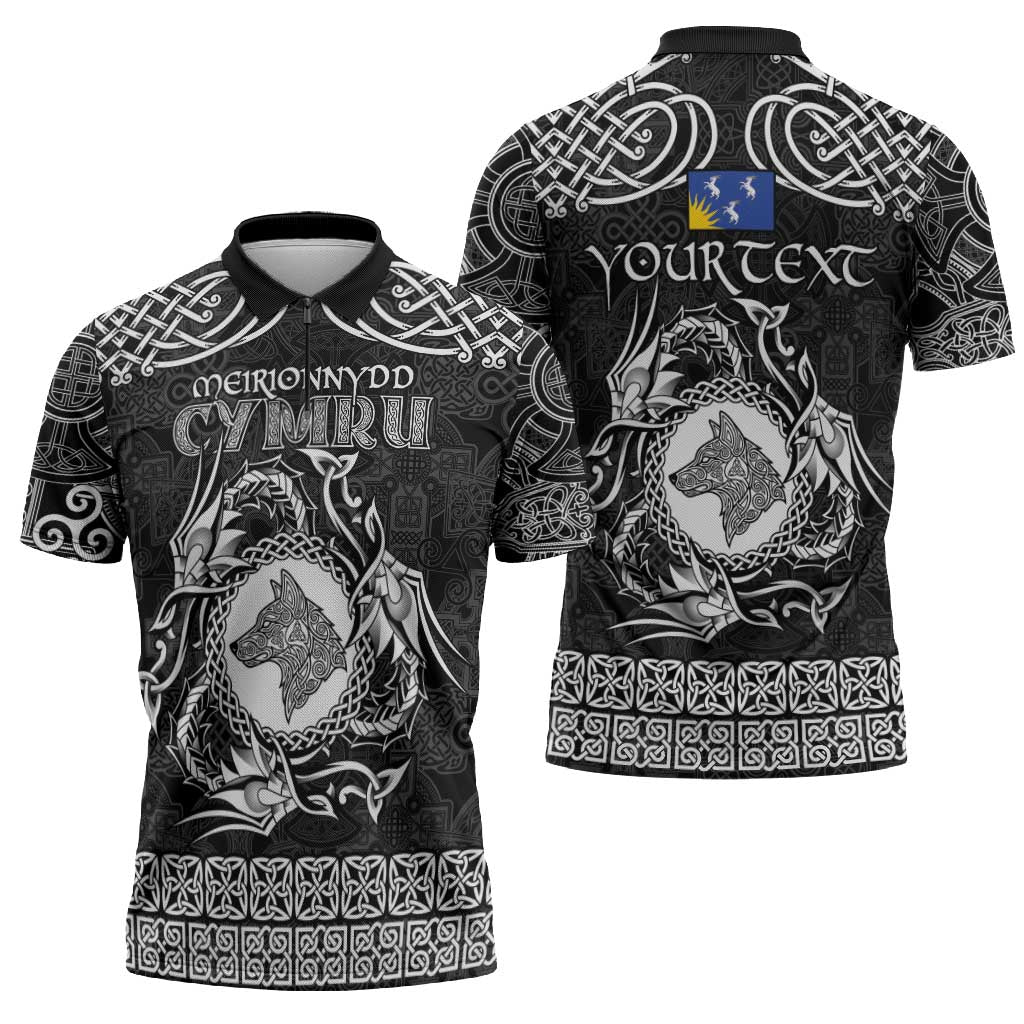 Personalized Merionethshire Meirionnydd Zipper Polo Shirt Black Wolf Celtic-inspired - Wonder Print Shop