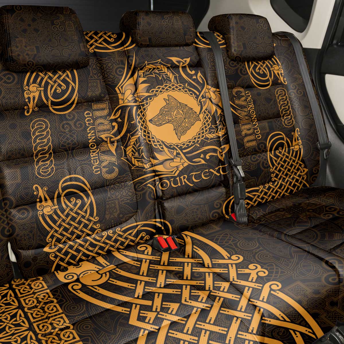 Personalized Merionethshire Meirionnydd Back Car Seat Cover Gold Wolf Celtic-inspired - Wonder Print Shop