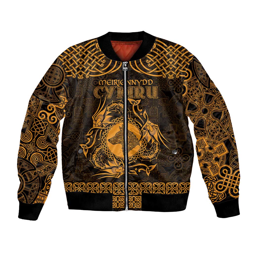 Personalized Merionethshire Meirionnydd Bomber Jacket Gold Wolf Celtic-inspired - Wonder Print Shop