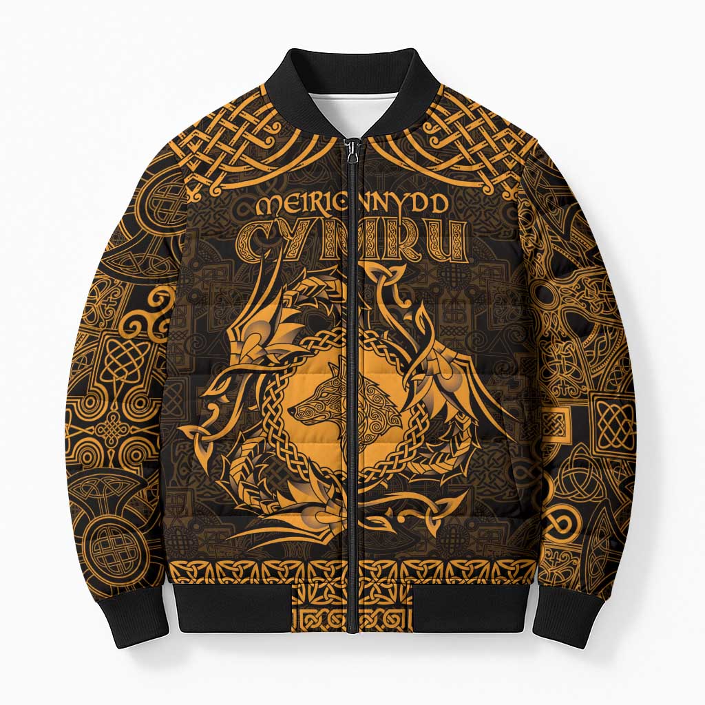 Personalized Merionethshire Meirionnydd Bomber Puffer Jacket Gold Wolf Celtic-inspired - Wonder Print Shop