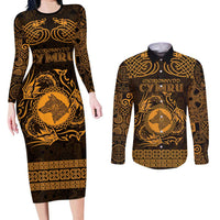 Personalized Merionethshire Meirionnydd Couples Matching Long Sleeve Bodycon Dress and Long Sleeve Button Shirt Gold Wolf Celtic-inspired - Wonder Print Shop