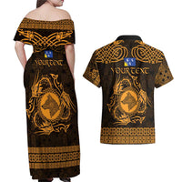Personalized Merionethshire Meirionnydd Couples Matching Off Shoulder Maxi Dress and Hawaiian Shirt Gold Wolf Celtic-inspired - Wonder Print Shop