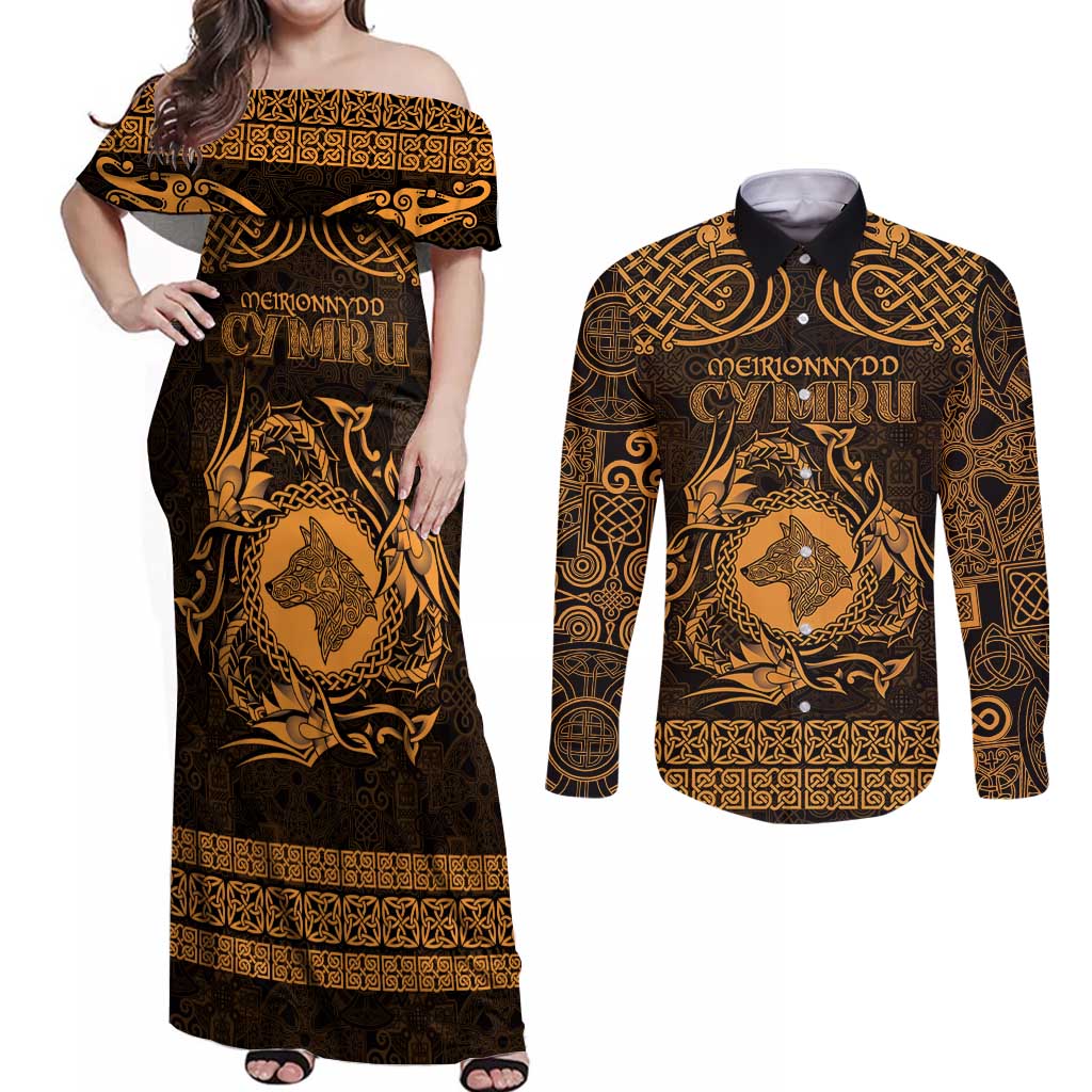 Personalized Merionethshire Meirionnydd Couples Matching Off Shoulder Maxi Dress and Long Sleeve Button Shirt Gold Wolf Celtic-inspired - Wonder Print Shop