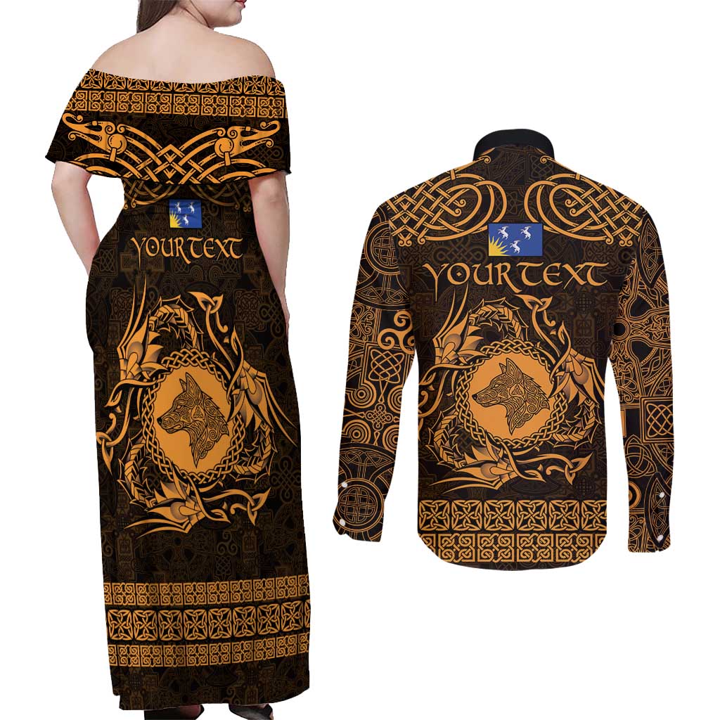 Personalized Merionethshire Meirionnydd Couples Matching Off Shoulder Maxi Dress and Long Sleeve Button Shirt Gold Wolf Celtic-inspired - Wonder Print Shop