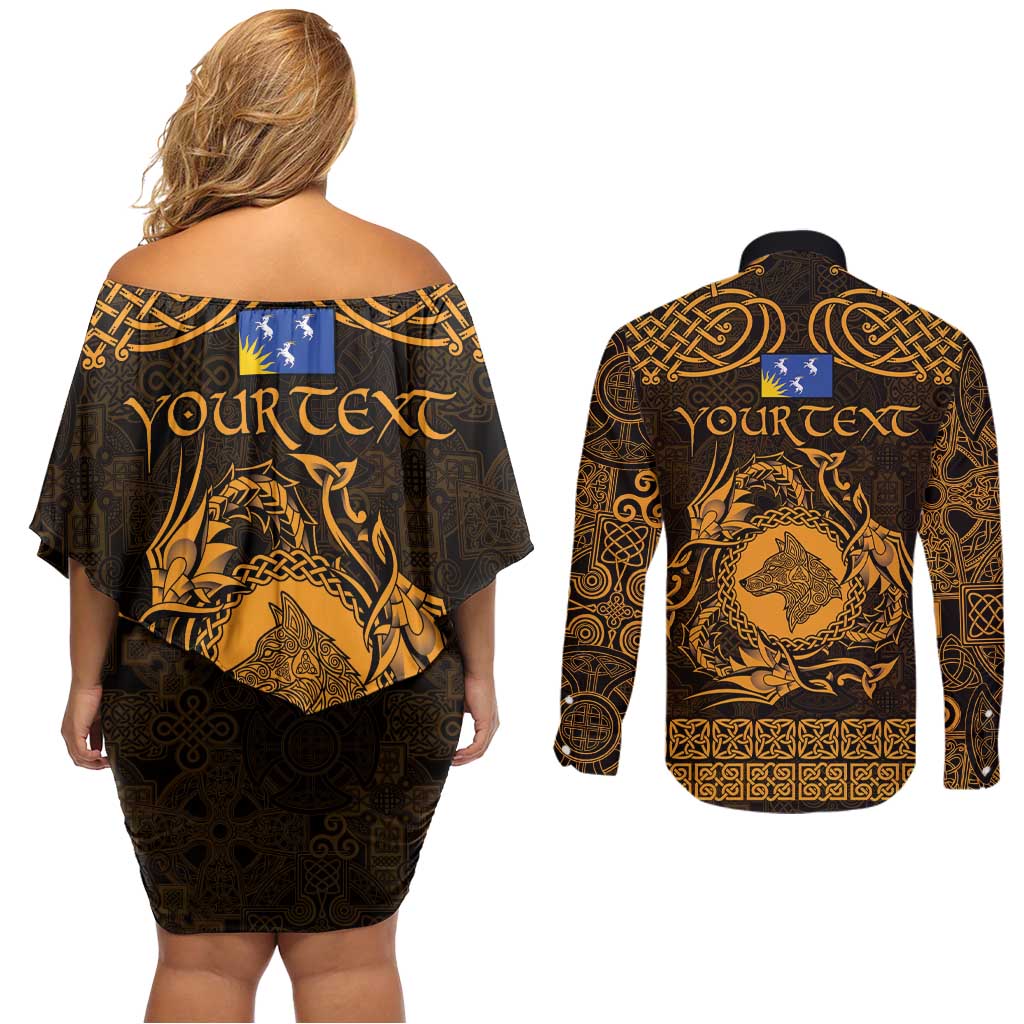 Personalized Merionethshire Meirionnydd Couples Matching Off Shoulder Short Dress and Long Sleeve Button Shirt Gold Wolf Celtic-inspired - Wonder Print Shop
