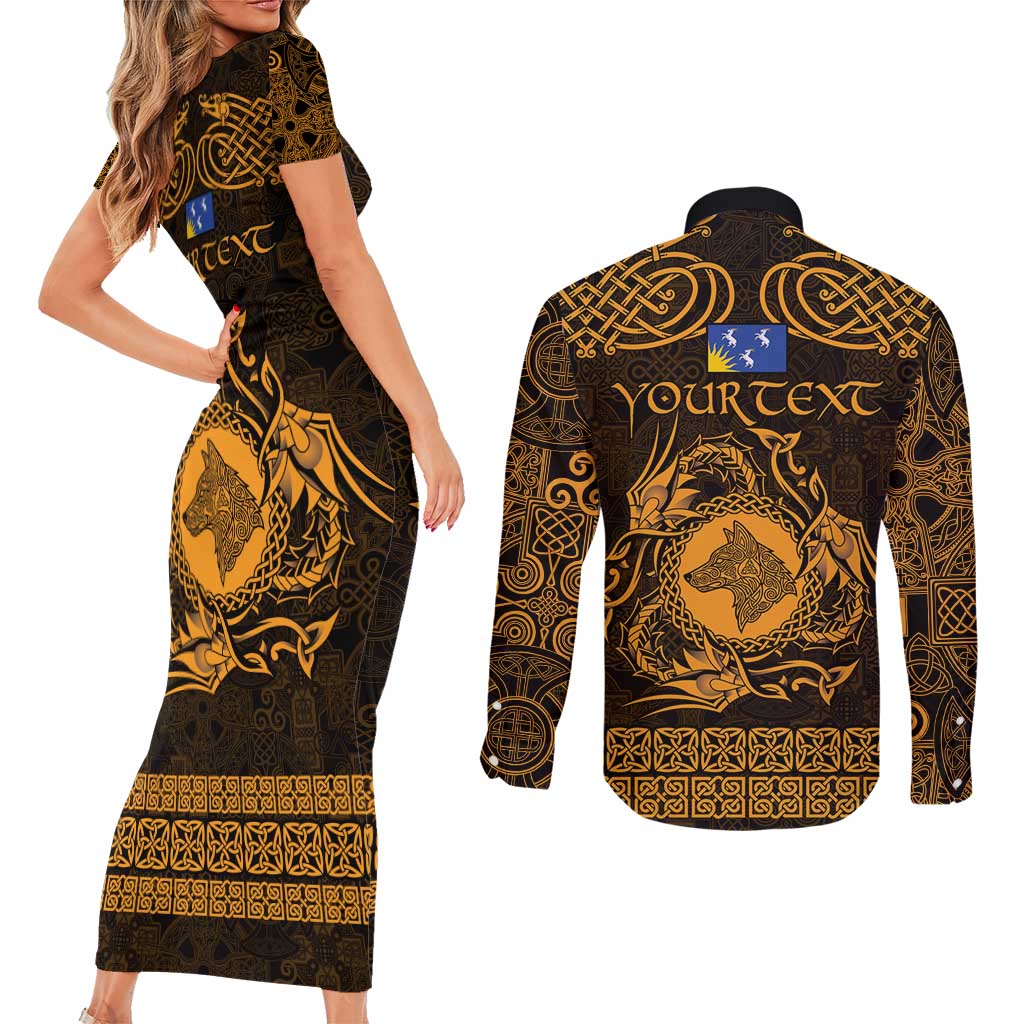 Personalized Merionethshire Meirionnydd Couples Matching Short Sleeve Bodycon Dress and Long Sleeve Button Shirt Gold Wolf Celtic-inspired - Wonder Print Shop