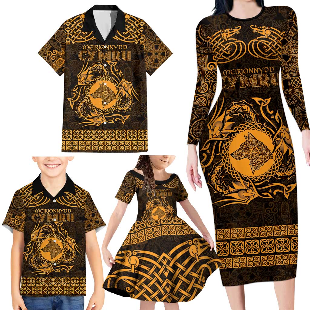 Personalized Merionethshire Meirionnydd Family Matching Long Sleeve Bodycon Dress and Hawaiian Shirt Gold Wolf Celtic-inspired - Wonder Print Shop