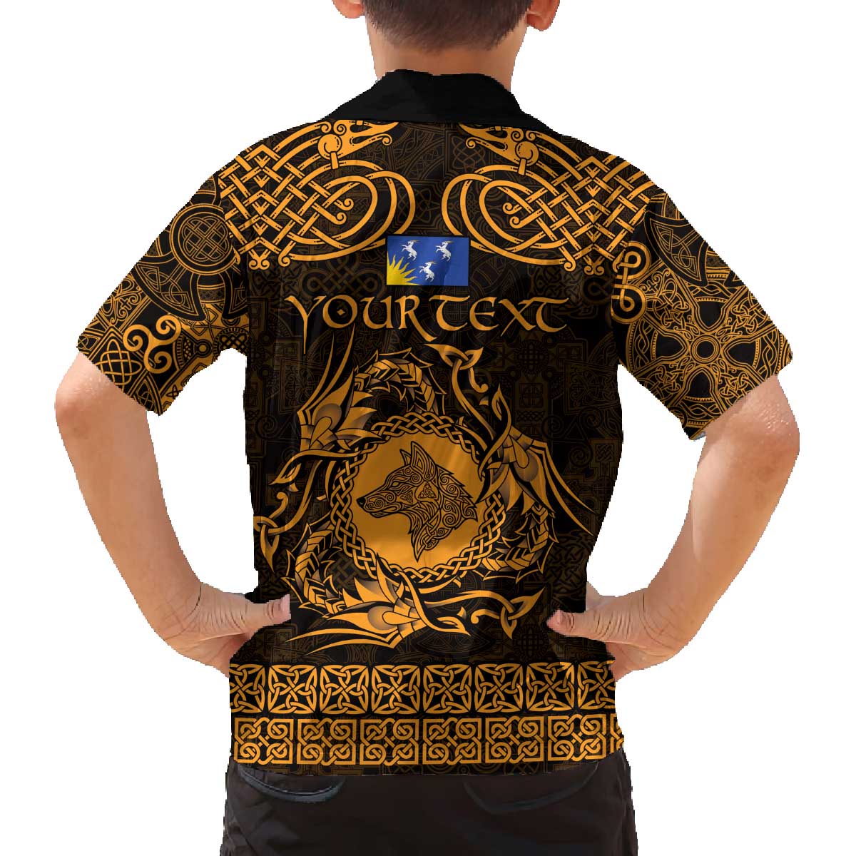 Personalized Merionethshire Meirionnydd Family Matching Off The Shoulder Long Sleeve Dress and Hawaiian Shirt Gold Wolf Celtic-inspired - Wonder Print Shop
