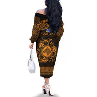 Personalized Merionethshire Meirionnydd Family Matching Off The Shoulder Long Sleeve Dress and Hawaiian Shirt Gold Wolf Celtic-inspired - Wonder Print Shop