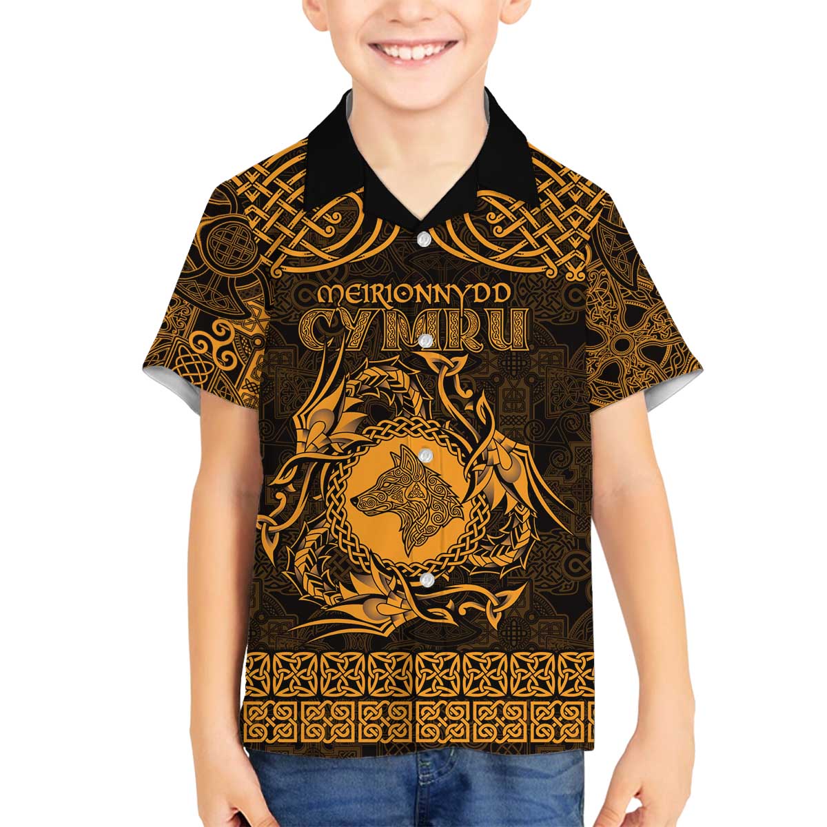Personalized Merionethshire Meirionnydd Family Matching Off The Shoulder Long Sleeve Dress and Hawaiian Shirt Gold Wolf Celtic-inspired - Wonder Print Shop