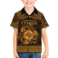 Personalized Merionethshire Meirionnydd Family Matching Off The Shoulder Long Sleeve Dress and Hawaiian Shirt Gold Wolf Celtic-inspired - Wonder Print Shop