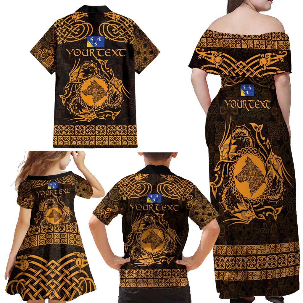 Personalized Merionethshire Meirionnydd Family Matching Off Shoulder Maxi Dress and Hawaiian Shirt Gold Wolf Celtic-inspired - Wonder Print Shop
