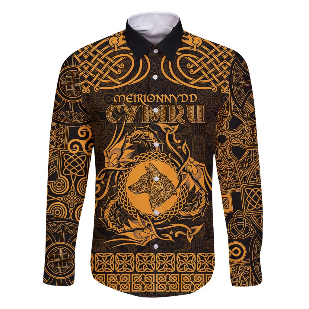 Personalized Merionethshire Meirionnydd Family Matching Off Shoulder Maxi Dress and Hawaiian Shirt Gold Wolf Celtic-inspired - Wonder Print Shop