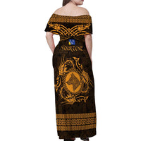 Personalized Merionethshire Meirionnydd Family Matching Off Shoulder Maxi Dress and Hawaiian Shirt Gold Wolf Celtic-inspired - Wonder Print Shop