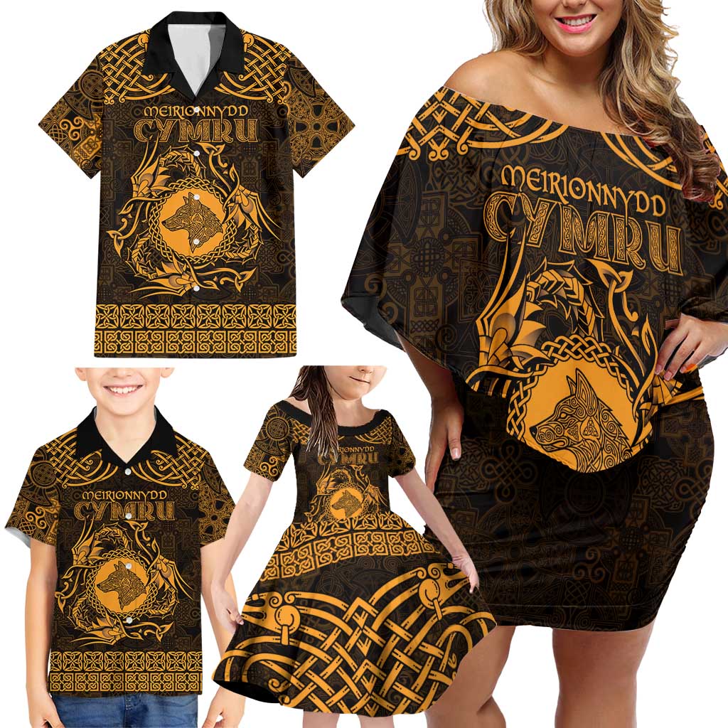 Personalized Merionethshire Meirionnydd Family Matching Off Shoulder Short Dress and Hawaiian Shirt Gold Wolf Celtic-inspired - Wonder Print Shop