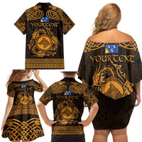 Personalized Merionethshire Meirionnydd Family Matching Off Shoulder Short Dress and Hawaiian Shirt Gold Wolf Celtic-inspired - Wonder Print Shop