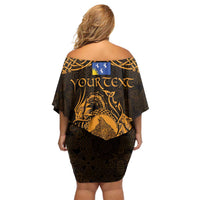 Personalized Merionethshire Meirionnydd Family Matching Off Shoulder Short Dress and Hawaiian Shirt Gold Wolf Celtic-inspired - Wonder Print Shop