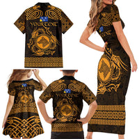 Personalized Merionethshire Meirionnydd Family Matching Short Sleeve Bodycon Dress and Hawaiian Shirt Gold Wolf Celtic-inspired - Wonder Print Shop