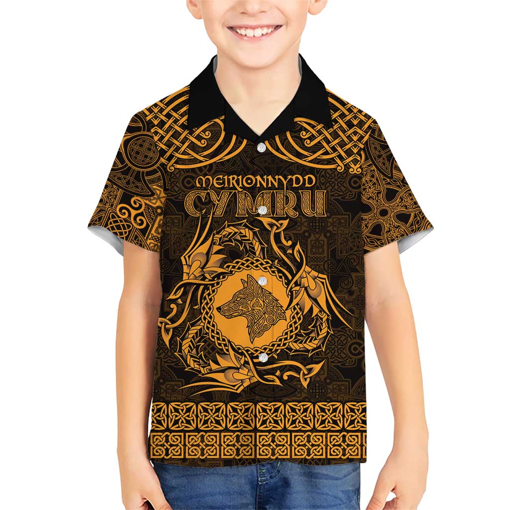 Personalized Merionethshire Meirionnydd Family Matching Short Sleeve Bodycon Dress and Hawaiian Shirt Gold Wolf Celtic-inspired - Wonder Print Shop