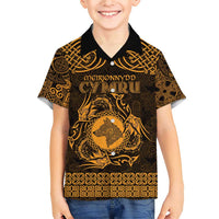 Personalized Merionethshire Meirionnydd Family Matching Short Sleeve Bodycon Dress and Hawaiian Shirt Gold Wolf Celtic-inspired - Wonder Print Shop