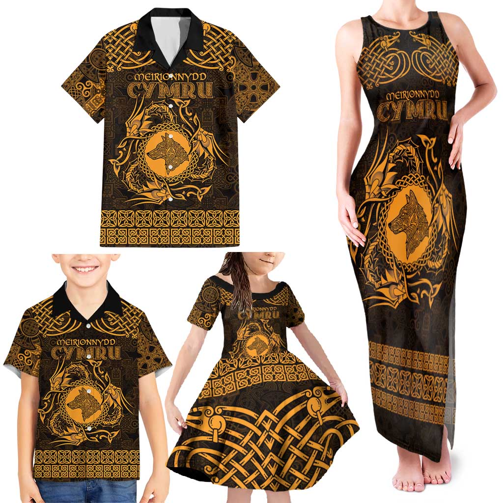 Personalized Merionethshire Meirionnydd Family Matching Tank Maxi Dress and Hawaiian Shirt Gold Wolf Celtic-inspired - Wonder Print Shop
