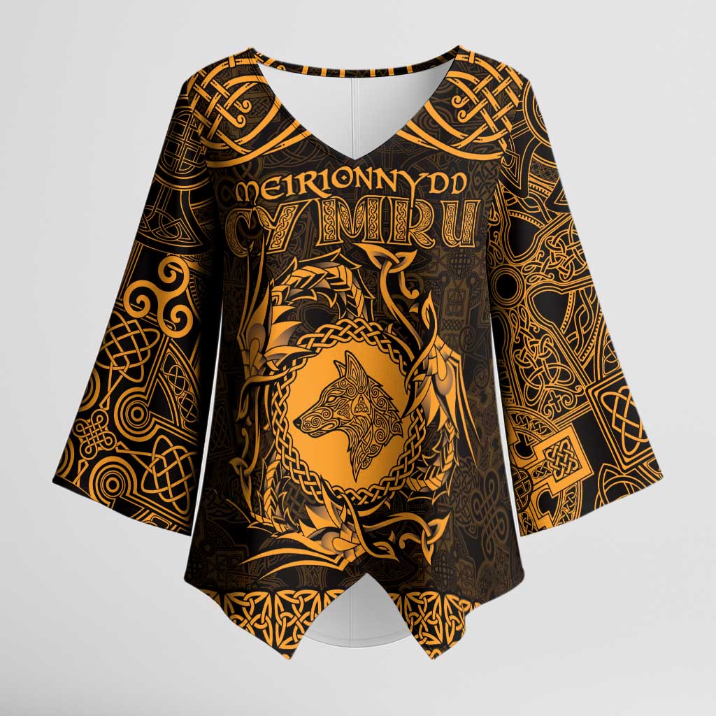 Personalized Merionethshire Meirionnydd Kimono Sleeve Blouse Gold Wolf Celtic-inspired - Wonder Print Shop
