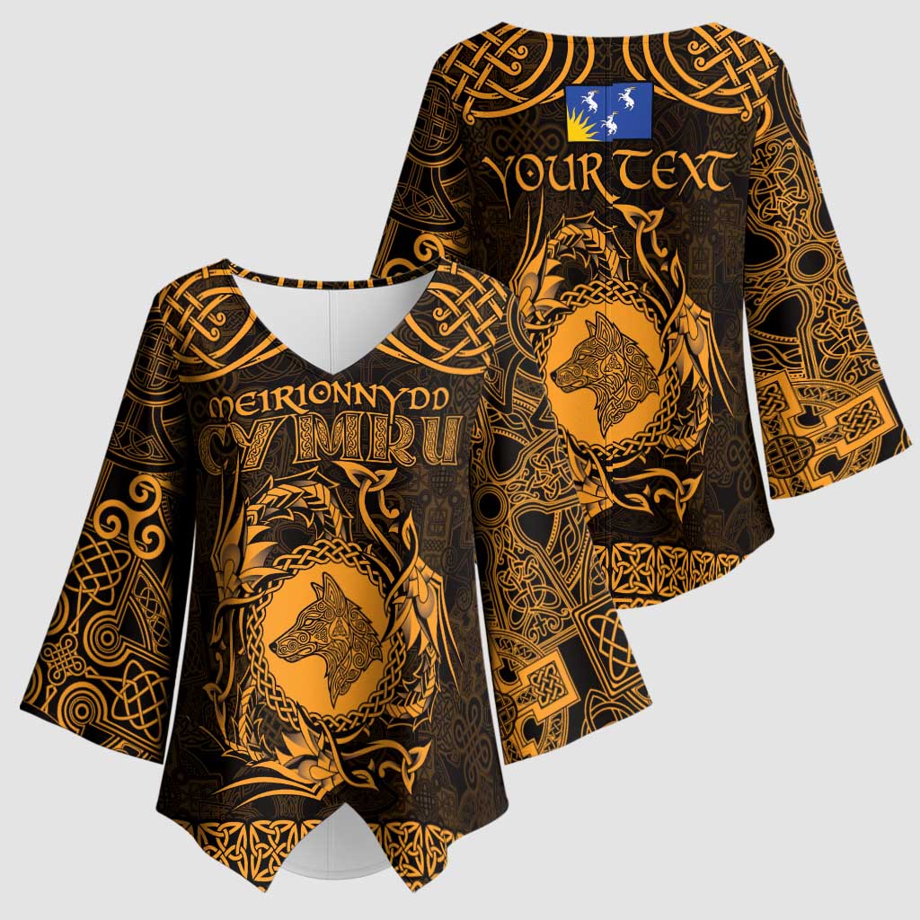 Personalized Merionethshire Meirionnydd Kimono Sleeve Blouse Gold Wolf Celtic-inspired - Wonder Print Shop