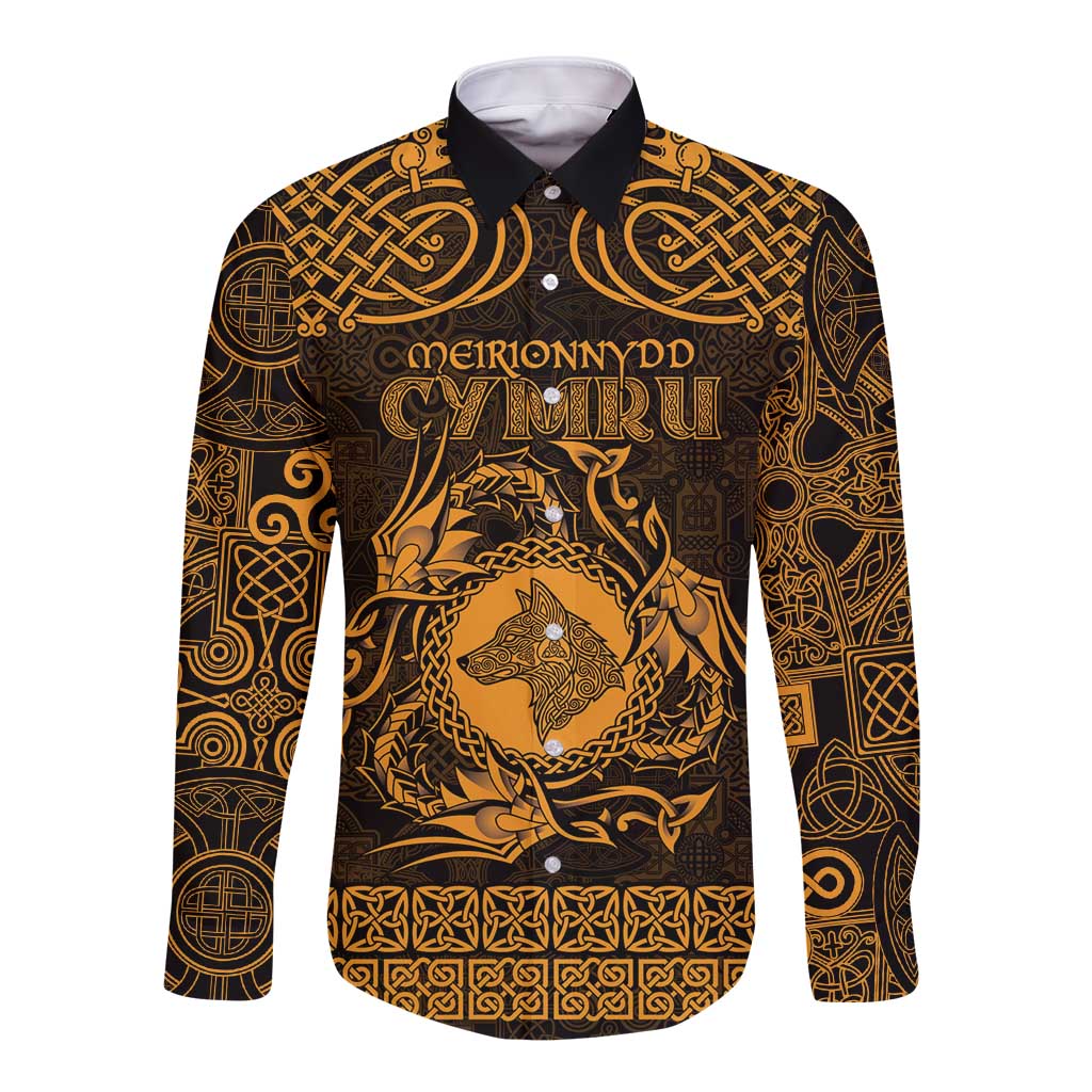 Personalized Merionethshire Meirionnydd Long Sleeve Button Shirt Gold Wolf Celtic-inspired - Wonder Print Shop