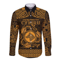 Personalized Merionethshire Meirionnydd Long Sleeve Button Shirt Gold Wolf Celtic-inspired - Wonder Print Shop