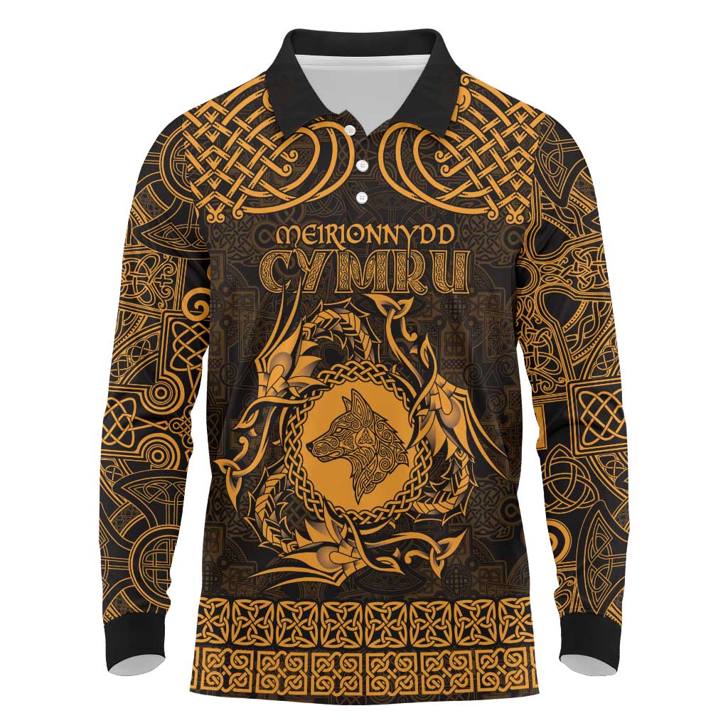 Personalized Merionethshire Meirionnydd Long Sleeve Polo Shirt Gold Wolf Celtic-inspired - Wonder Print Shop
