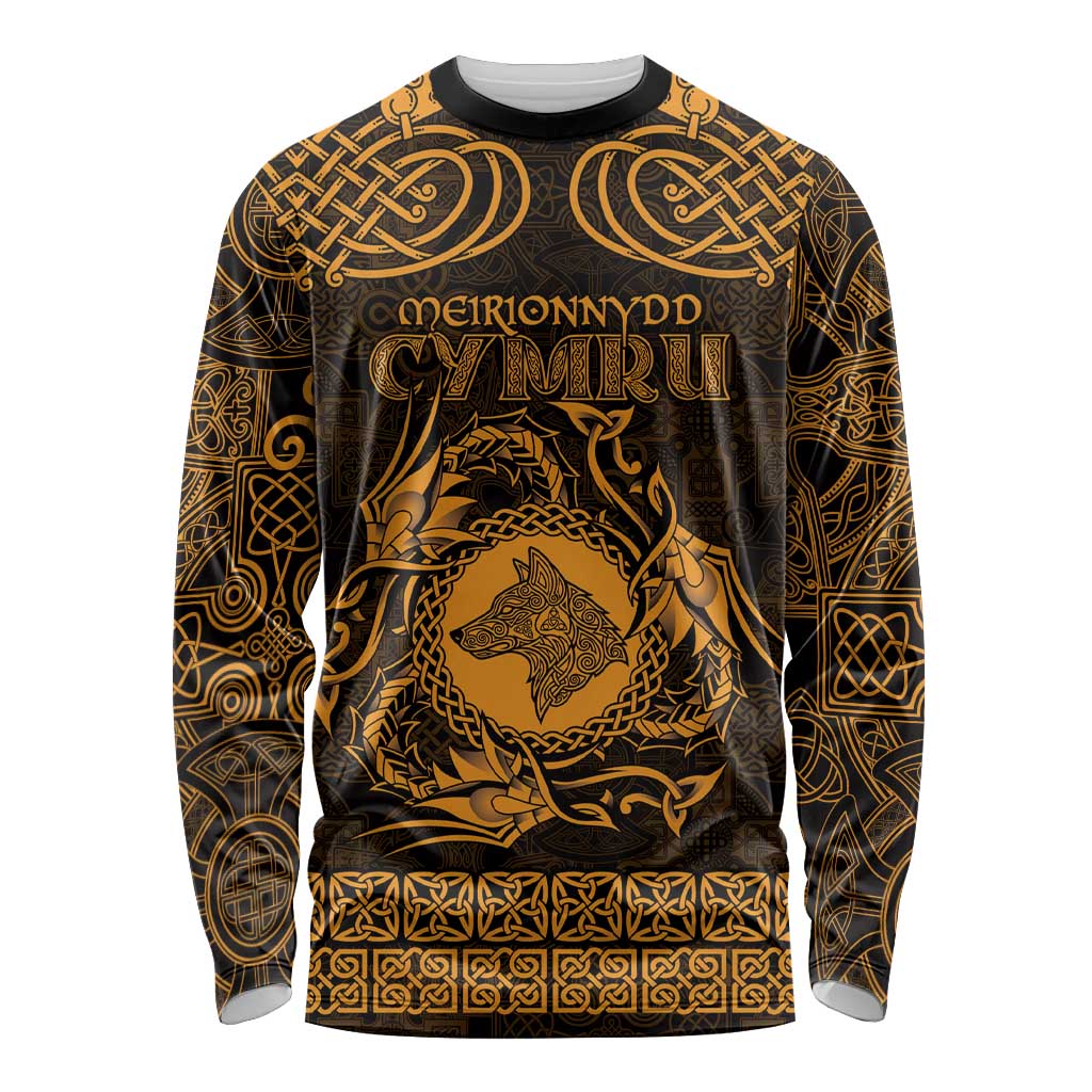Personalized Merionethshire Meirionnydd Long Sleeve Shirt Gold Wolf Celtic-inspired - Wonder Print Shop