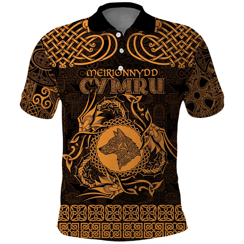 Personalized Merionethshire Meirionnydd Polo Shirt Gold Wolf Celtic-inspired - Wonder Print Shop