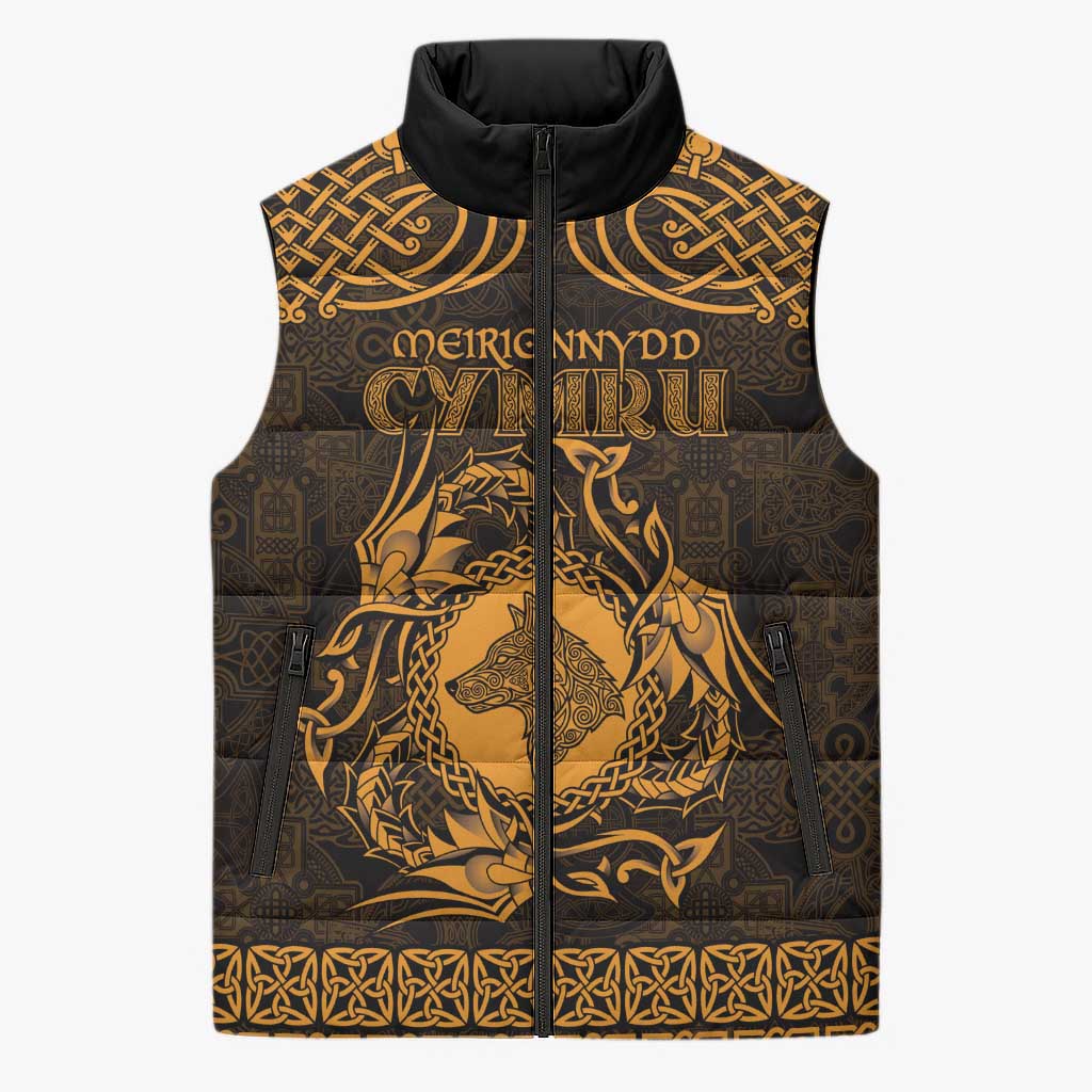 Personalized Merionethshire Meirionnydd Sleeveless Puffer Jacket Gold Wolf Celtic-inspired - Wonder Print Shop